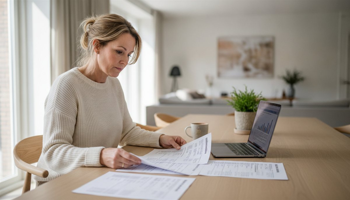 Vrouw legt meerdere makelaar-offertes naast elkaar aan tafel met laptop