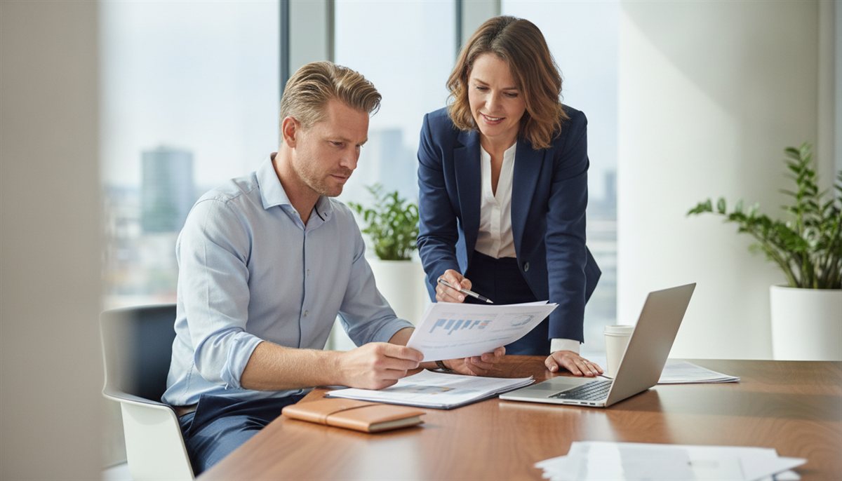 Ondernemer en accountmanager van een marketingbureau nemen samen een marketing-offerte door op een laptop in een kantoor