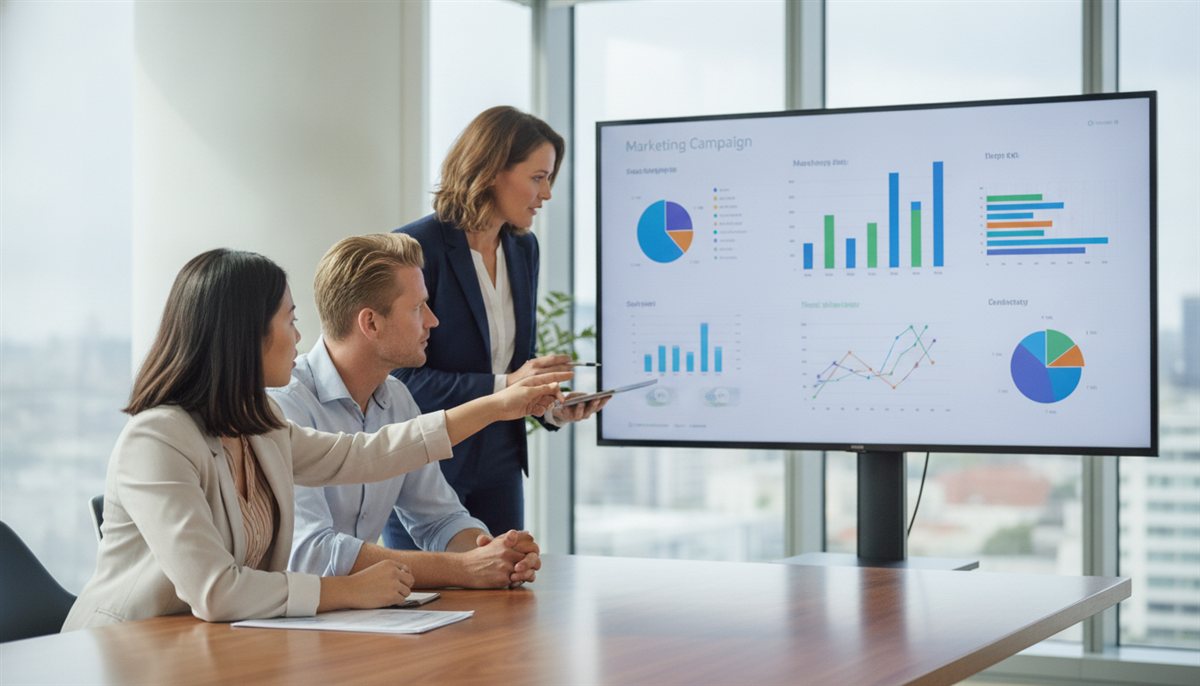 Een klein marketingteam bekijkt een campagne-dashboard met grafieken op een scherm in een kantoor