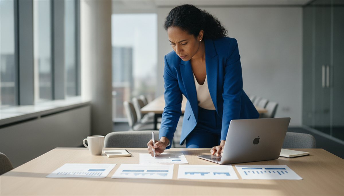 Zakelijke vrouw legt meerdere marketing-offertes naast elkaar in een vergaderruimte