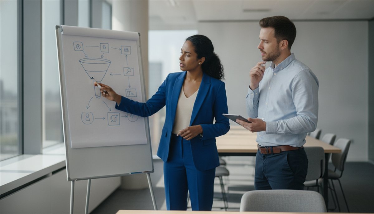 Twee collega's bij een whiteboard met een marketingfunnel en kanalen-schema vergelijken aanpakken