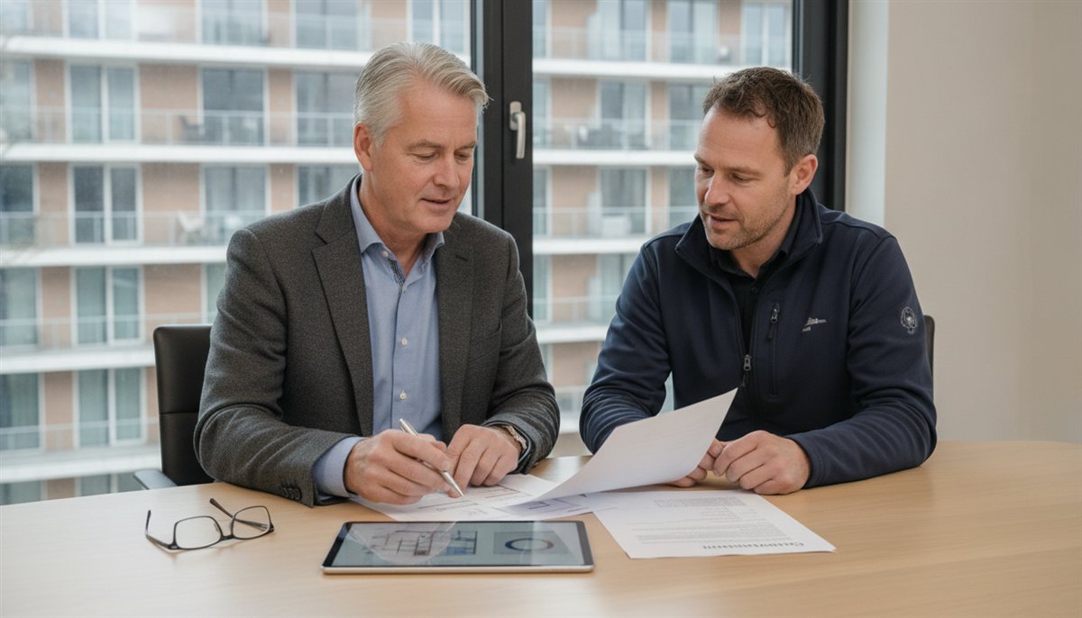 VvE-bestuurder beoordeelt samen met een bouwkundig inspecteur een MJOP-offerte in de vergaderruimte