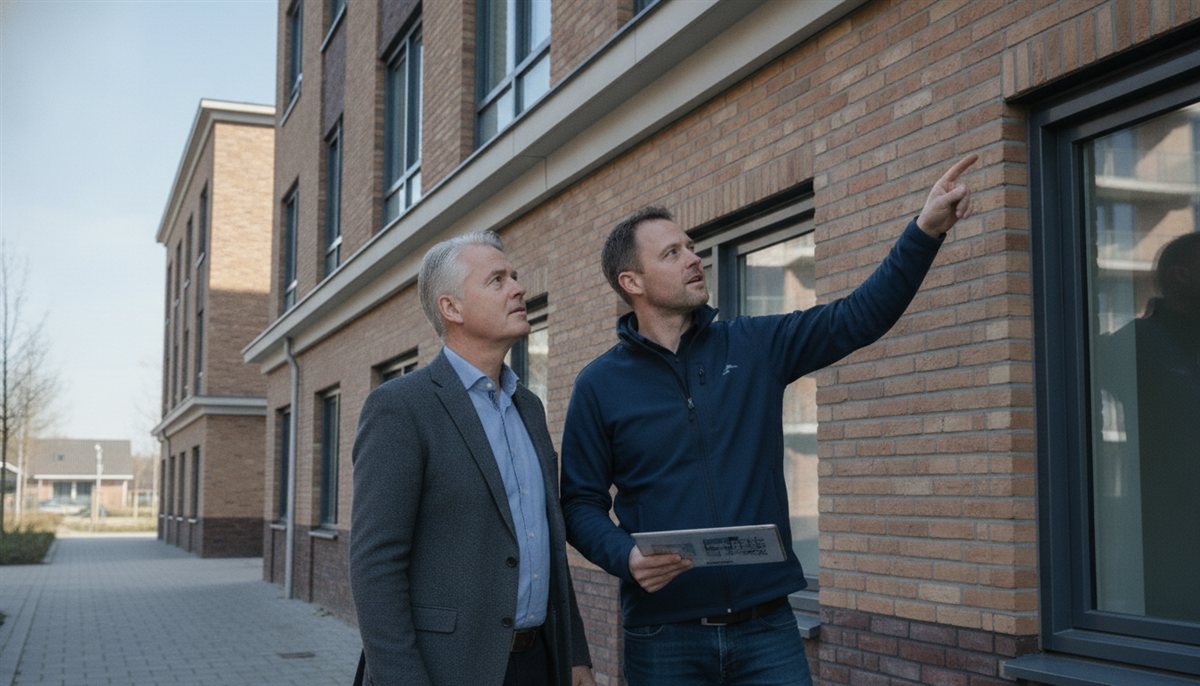 Bouwkundig inspecteur inspecteert de gevel en het dak van een appartementencomplex met een tablet terwijl de VvE-bestuurder meekijkt
