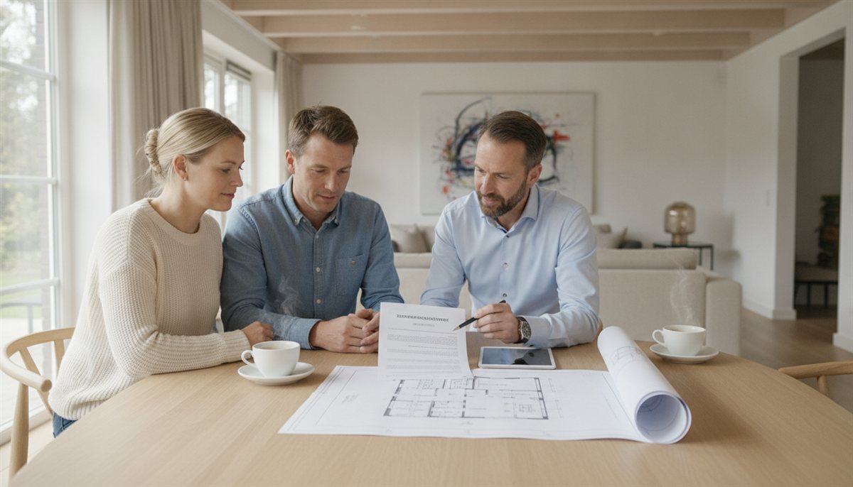 Stel beoordeelt de nieuwbouw-aannemingsovereenkomst en bouwtekening samen met een adviseur aan tafel