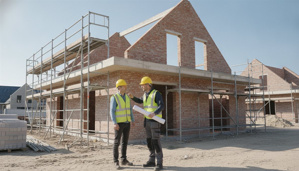 Stel met bouwhelm bekijkt hun casco nieuwbouwwoning in aanbouw op de bouwplaats met de uitvoerder