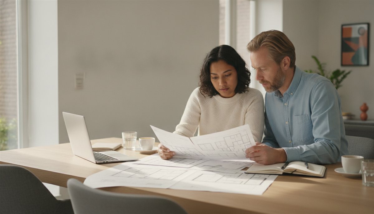 Stel legt meerdere nieuwbouw-offertes en plattegronden naast elkaar aan de eettafel met laptop