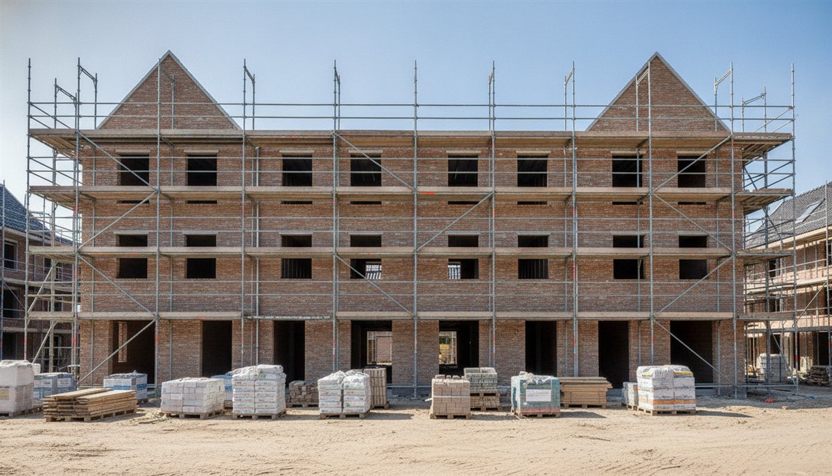 Een rij nieuwbouwwoningen in aanbouw met steigers op een nieuwbouwlocatie