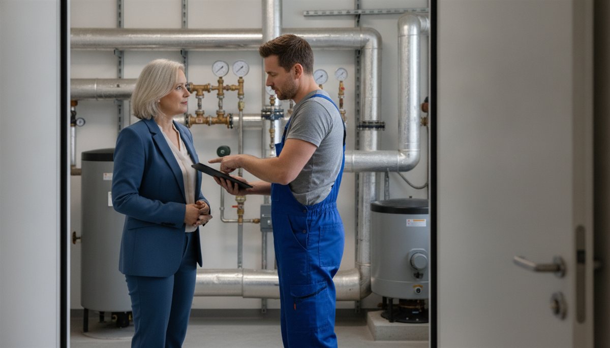 Onderhoudsmonteur bij de technische ruimte van een appartementencomplex bespreekt het onderhoudscontract met de VvE-beheerder