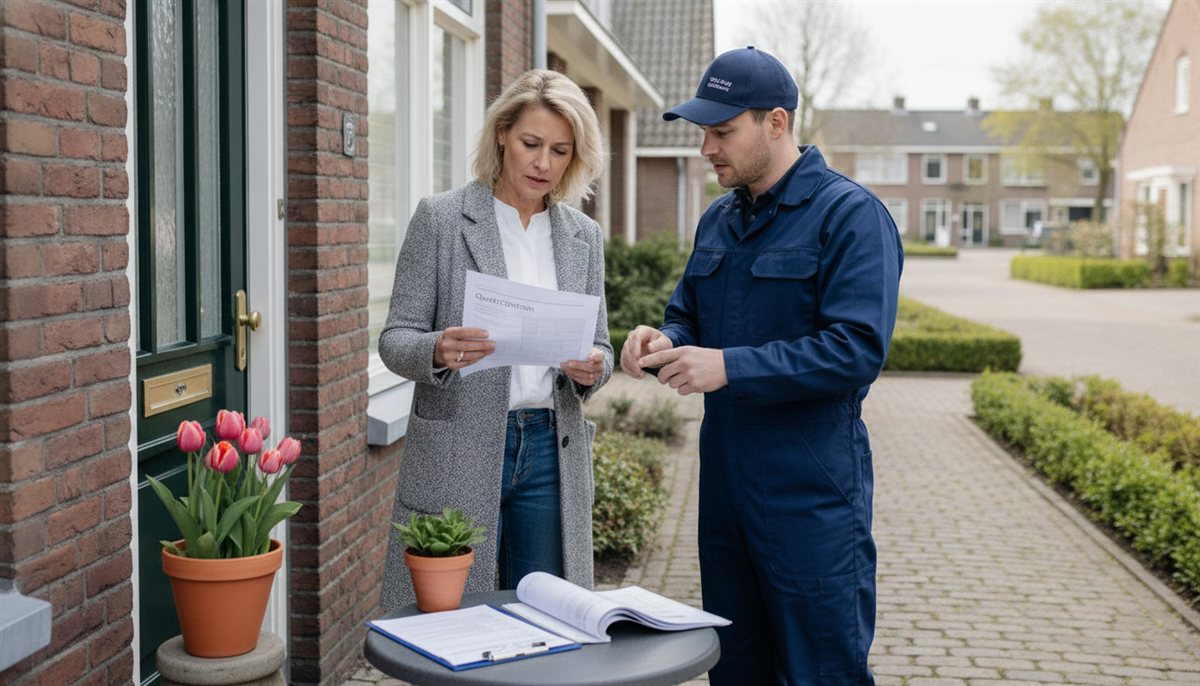 Huiseigenaresse en plaagdierbestrijder bespreken samen de ongediertebestrijding-offerte en het inspectierapport bij de woning