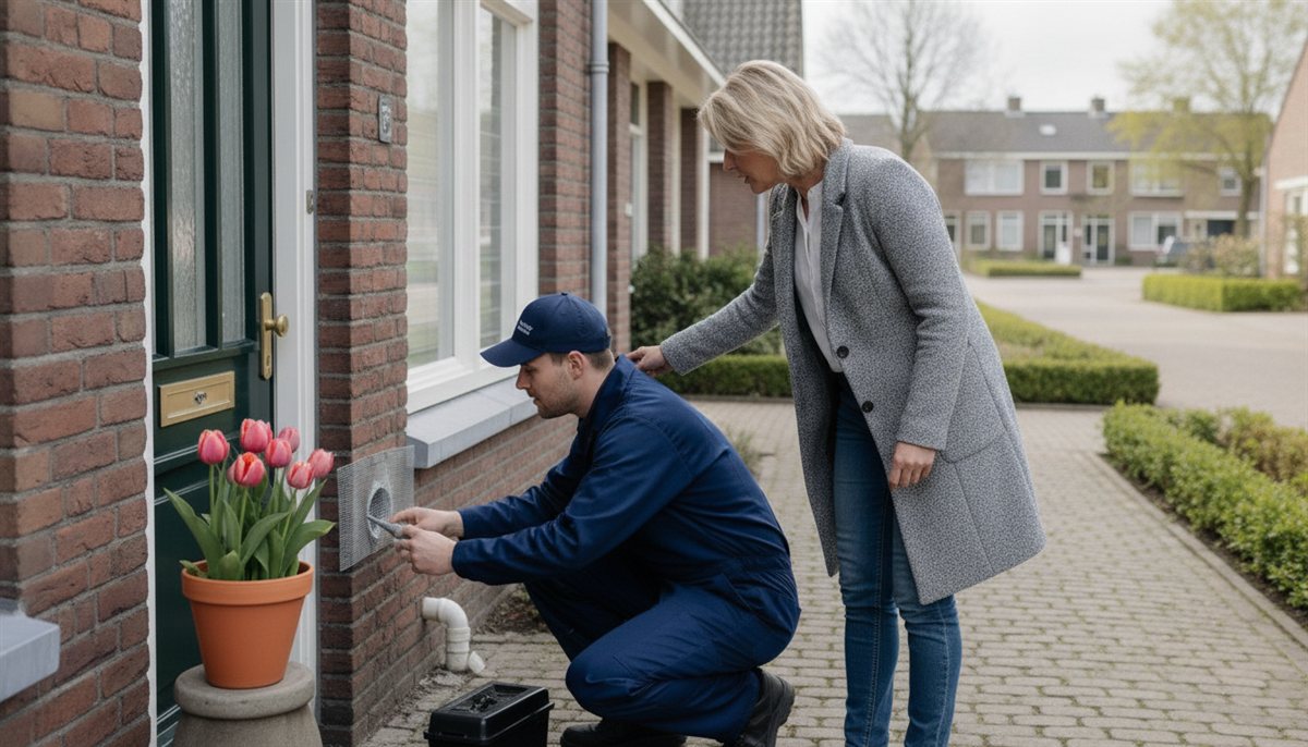 Plaagdierbestrijder plaatst preventief muizenwering en dicht kieren af bij een woning terwijl de huiseigenaresse meekijkt