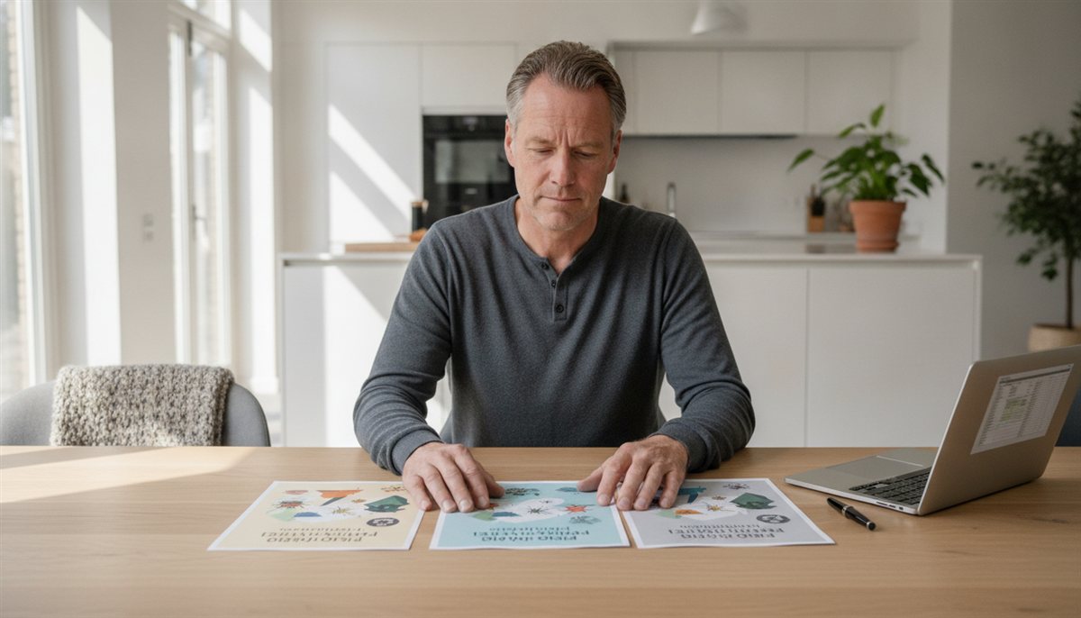 Huiseigenaar legt meerdere ongediertebestrijding-offertes naast elkaar aan de eettafel met laptop