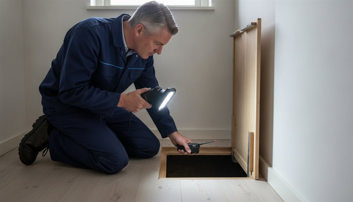 Plaagdierbestrijder inspecteert met een inspectielamp een kruipruimte van een woning op sporen van ongedierte