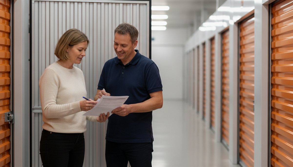 Vrouw beoordeelt bij een self-storage-locatie de opslag-offerte en het huurcontract met een medewerker bij een opslagbox