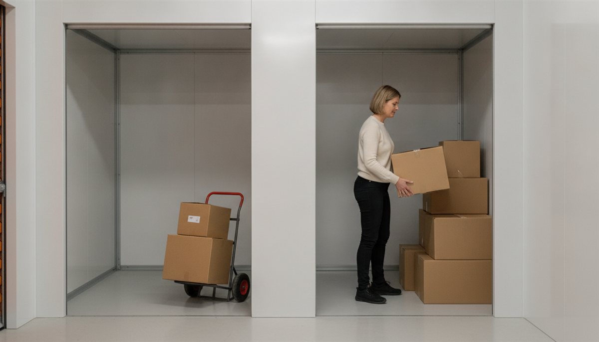 Vrouw ruimt met verhuisdozen een schone self-storage-box in na het beoordelen van de opslag-offerte