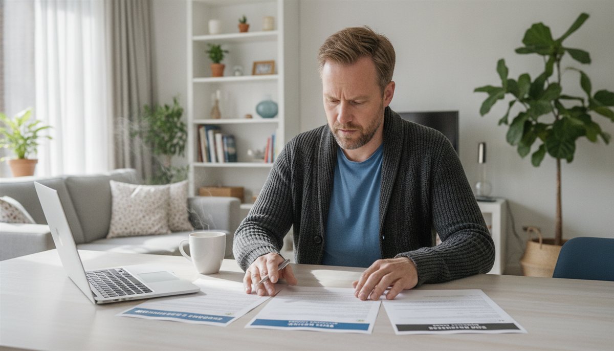 Man legt thuis meerdere opslag-offertes naast elkaar aan tafel om ze te vergelijken