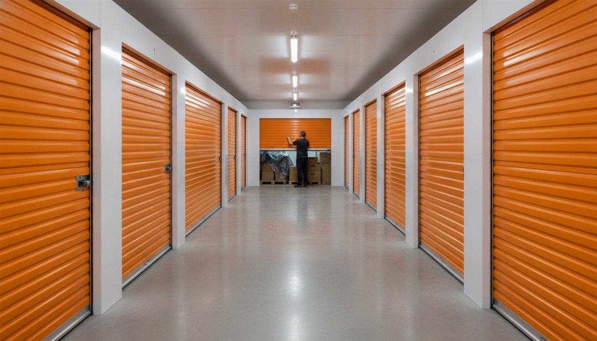 Rij self-storage-units in een modern opslagpand met een persoon die een roldeur van een opslagbox opent