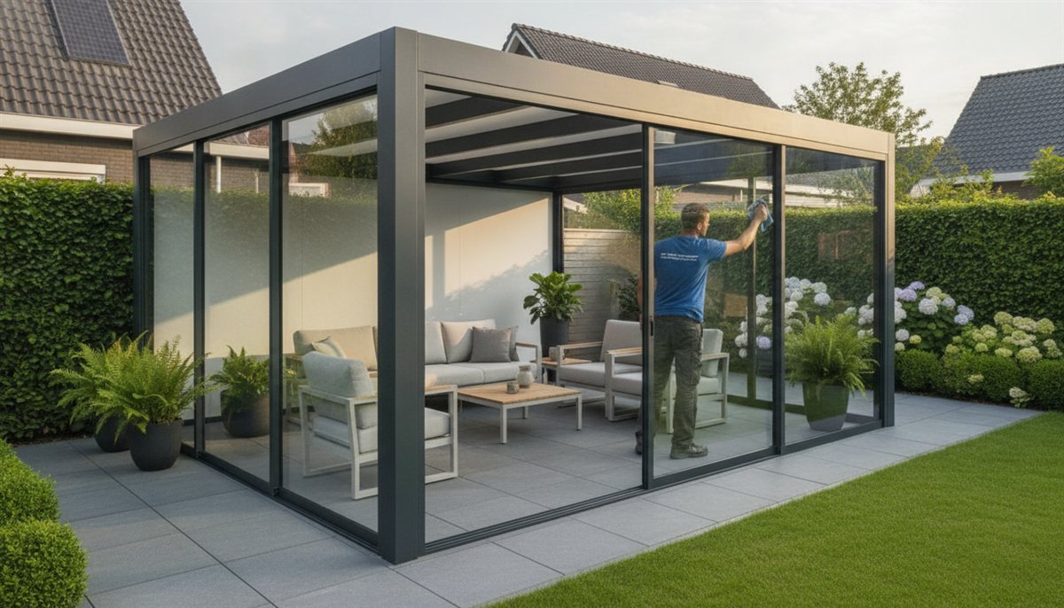 Afgebouwde tuinoverkapping met schuifwanden terwijl een monteur het werk afrondt