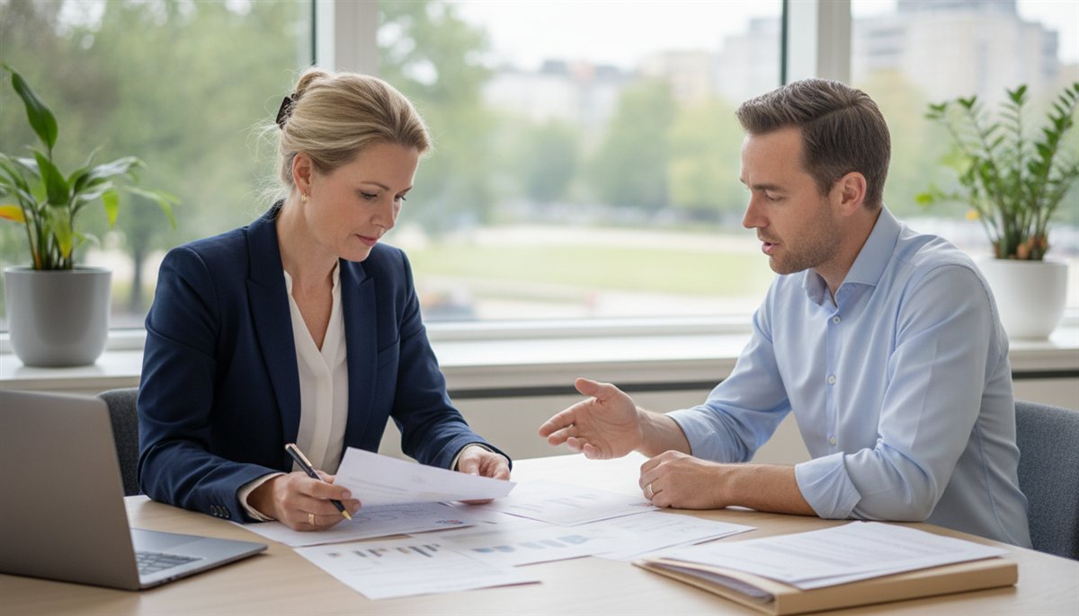 Werkgeefster en accountmanager van een payrollbedrijf nemen samen een payroll-offerte door in een kantoor