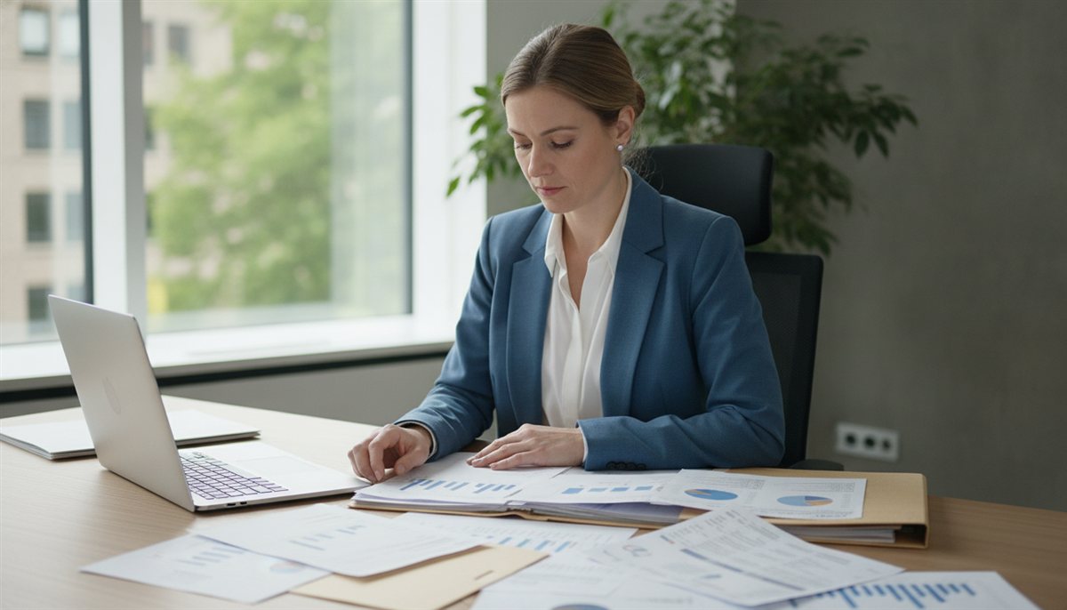 HR- en payrollmedewerker werkt aan een bureau met laptop en personeelsdossiers met loonoverzichten