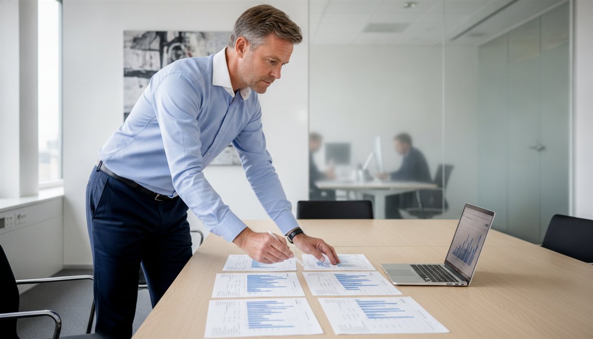 Werkgever legt meerdere payroll-offertes naast elkaar in een vergaderruimte met printouts en laptop