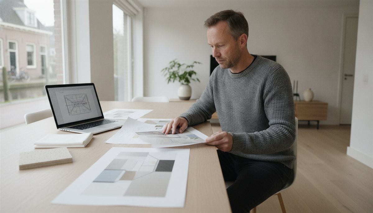 Huiseigenaar legt meerdere plafond-offertes naast elkaar aan de eettafel met laptop en materiaalstalen