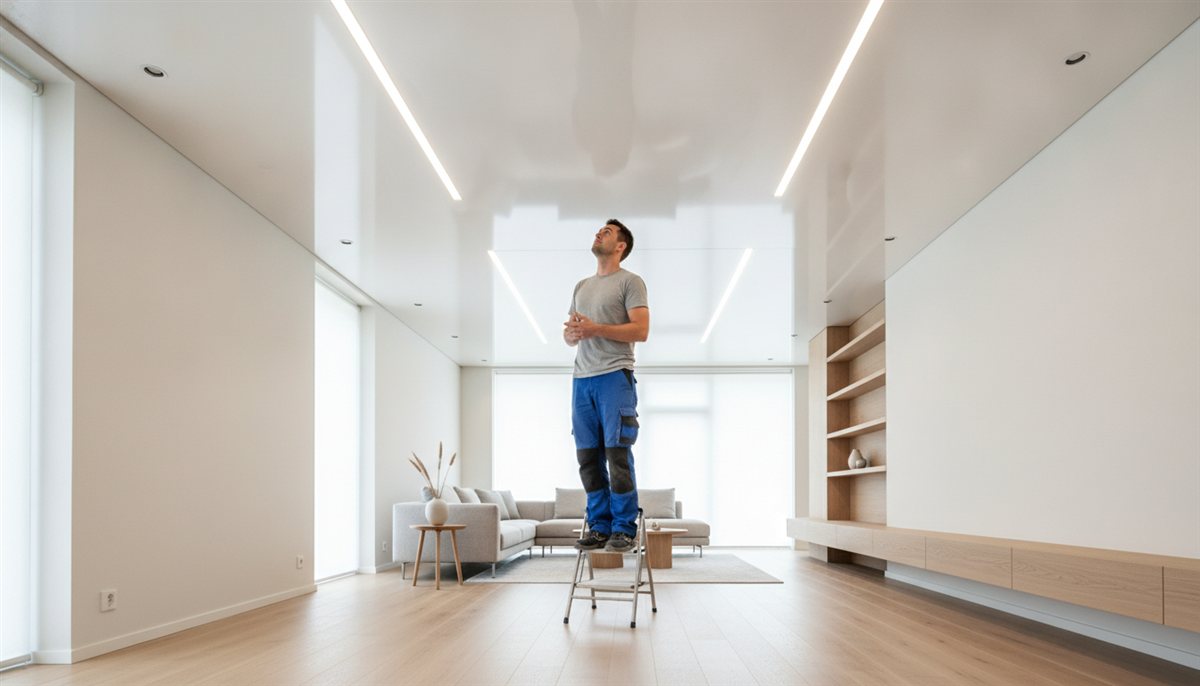 Afgewerkt strak spanplafond met ingebouwde verlichting in een moderne woonkamer terwijl een monteur het resultaat controleert