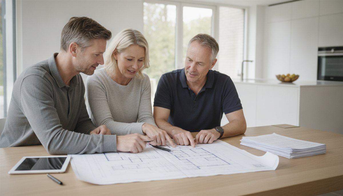 Stel van middelbare leeftijd beoordeelt de renovatie-offerte en bouwtekening samen met de aannemer aan de keukentafel