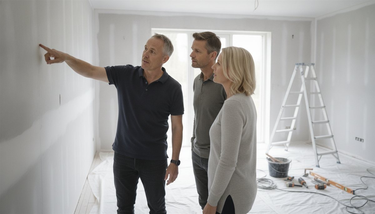 Stel en aannemer staan in een halverwege gerenoveerd huis met kale wanden, stofdoeken en een ladder