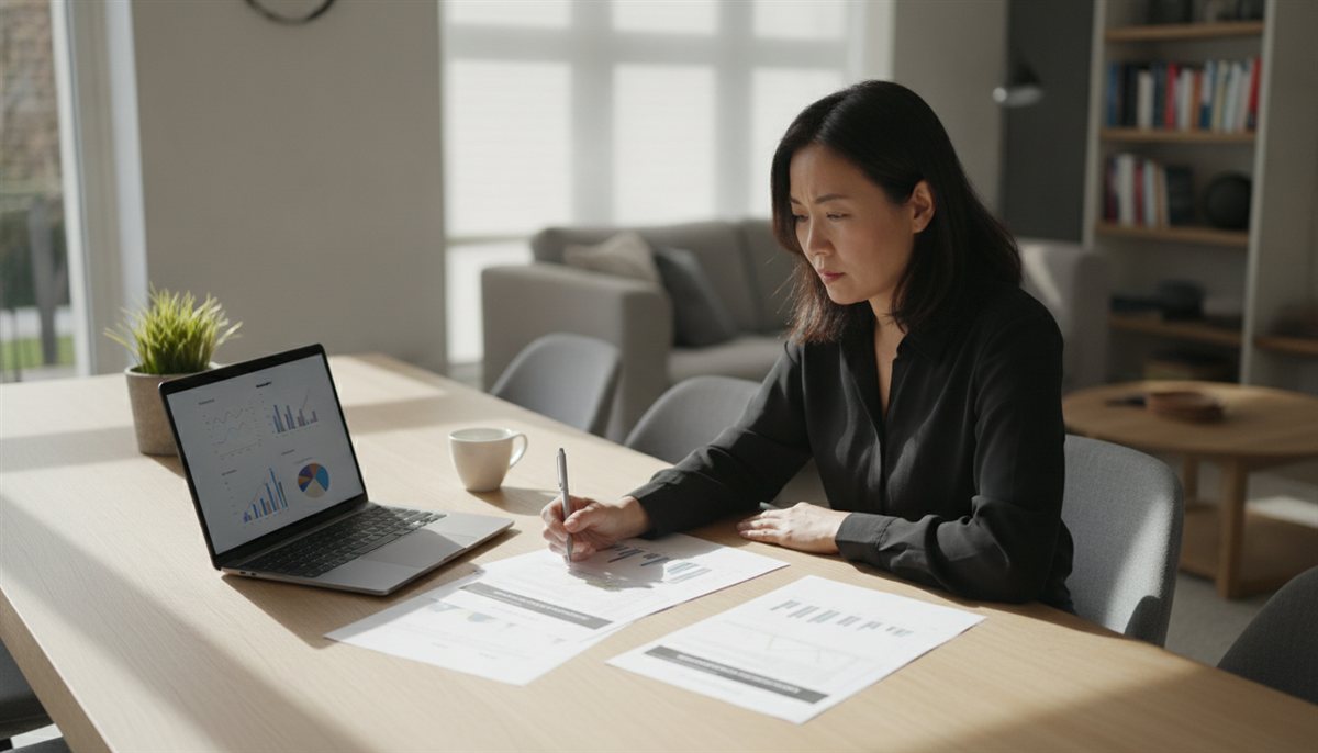 Vrouw legt thuis meerdere renovatie-offertes naast elkaar op de eettafel met laptop