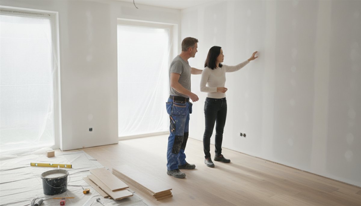 Vrouw in een gerenoveerde ruimte in de afwerkfase in gesprek met een vakman die naar de wand wijst