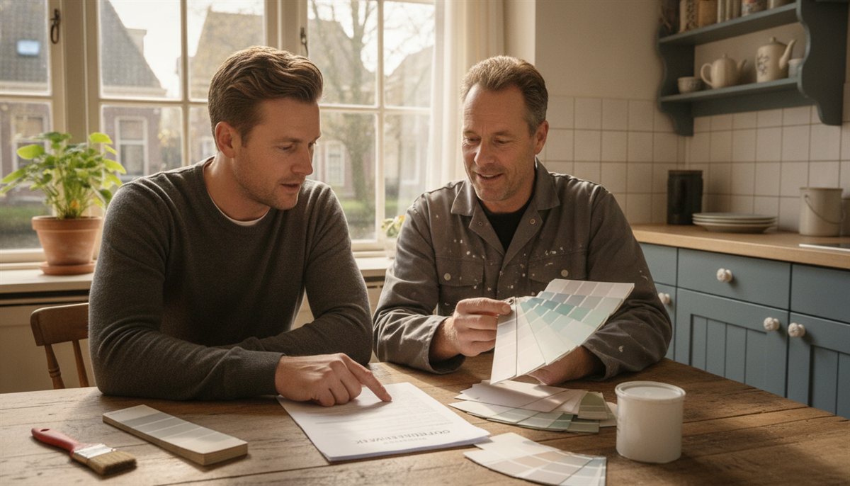 Huiseigenaar en schilder bekijken samen de schilderwerk-offerte met kleurstalen aan de keukentafel