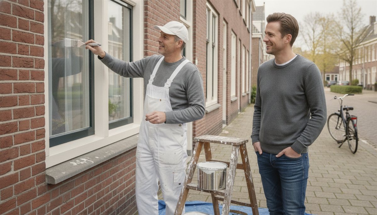Schilder werkt aan de kozijnen en gevel van een Nederlandse woning terwijl de huiseigenaar toekijkt