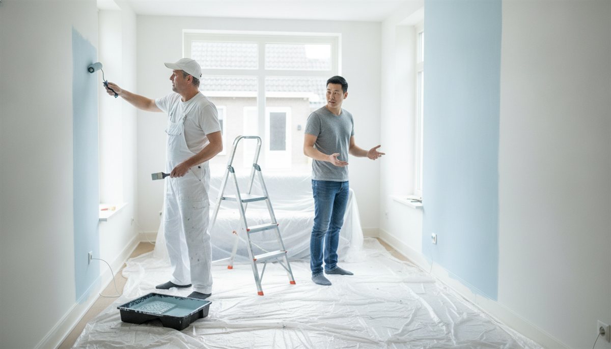 Schilder werkt aan een binnenmuur terwijl de huiseigenaar toekijkt en meekijkt