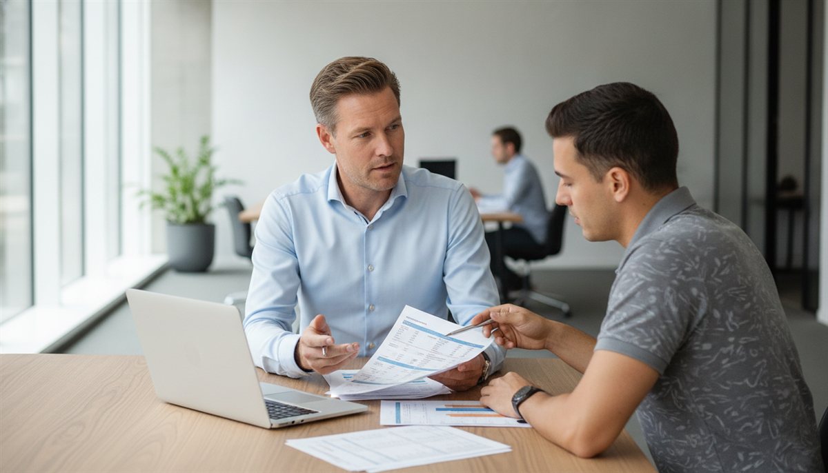 Facilitair manager bespreekt een schoonmaak-offerte en programma van eisen met de accountmanager van een schoonmaakbedrijf in een kantoor