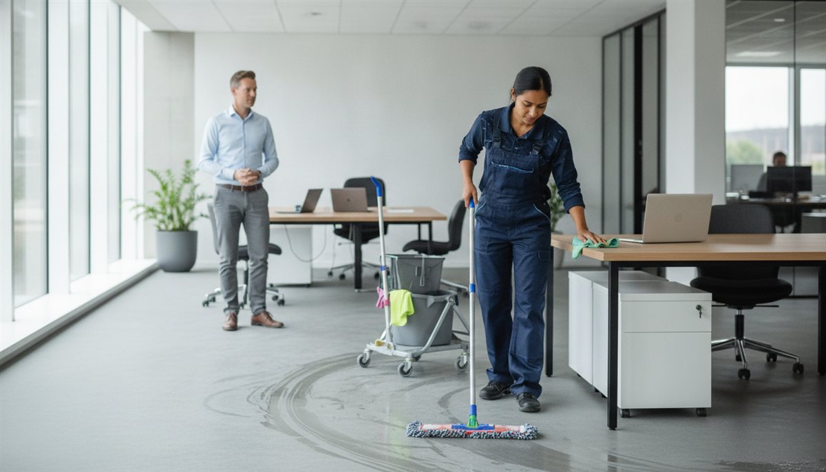 Schoonmaker in bedrijfskleding reinigt de vloer en bureaus van een moderne kantoorruimte terwijl de facilitair manager meekijkt