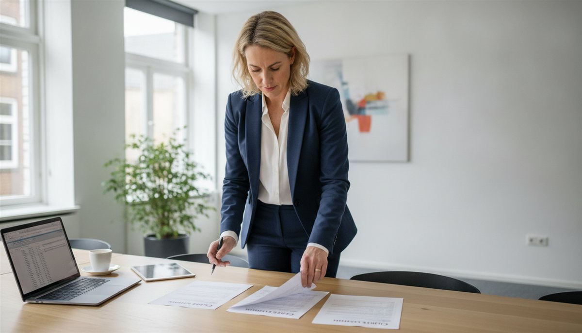 Facilitair manager legt meerdere schoonmaak-offertes naast elkaar in een vergaderruimte met laptop