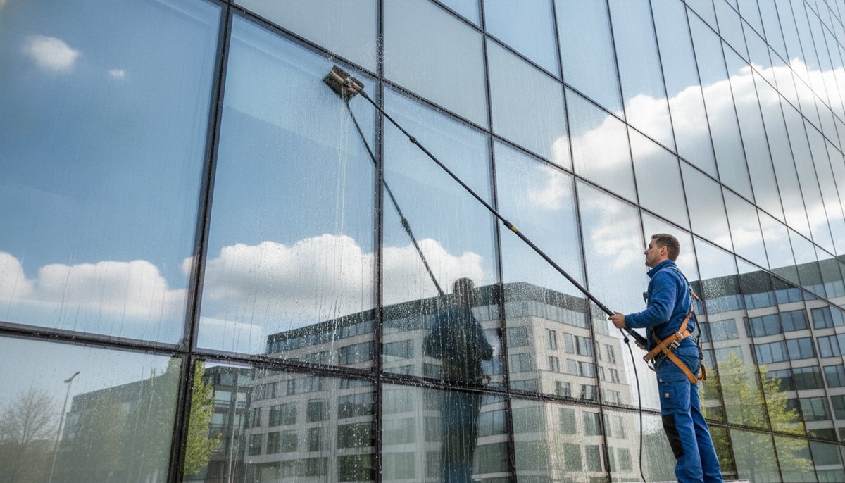 Glazenwasser wast de gevelramen van een kantoorgebouw met een telescoopsteel bij daglicht