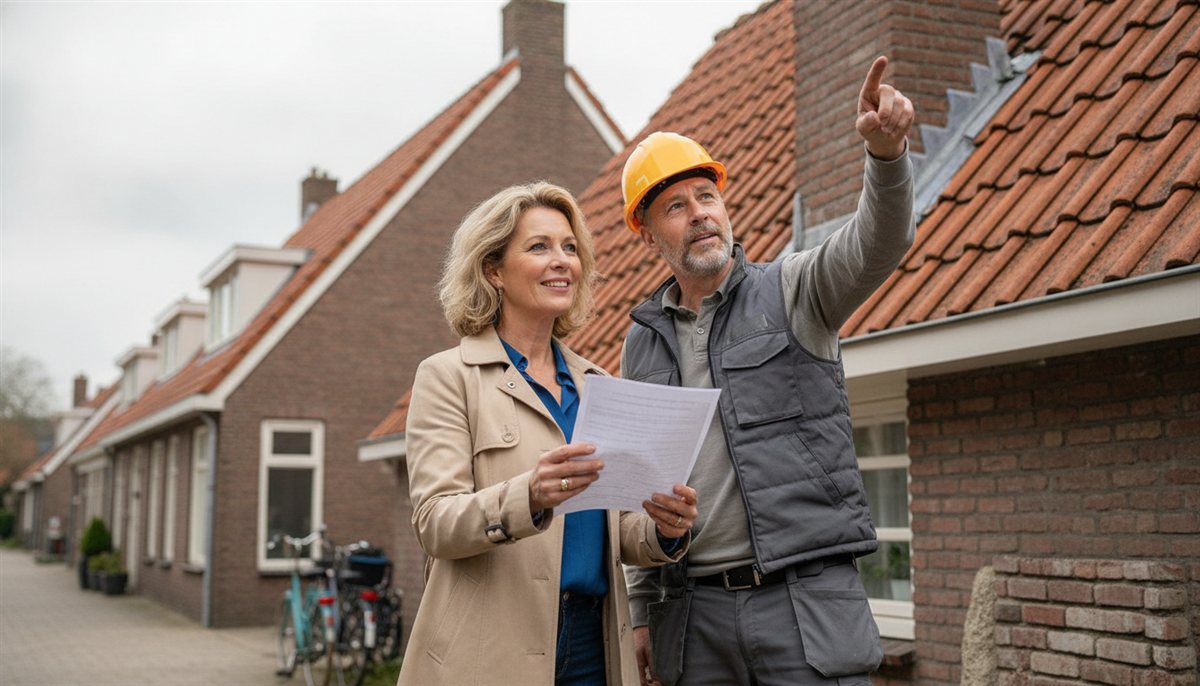 Huiseigenaresse en schoorsteenspecialist bekijken de schoorsteen-offerte bij de woning terwijl de specialist naar de schoorsteen op het dak wijst