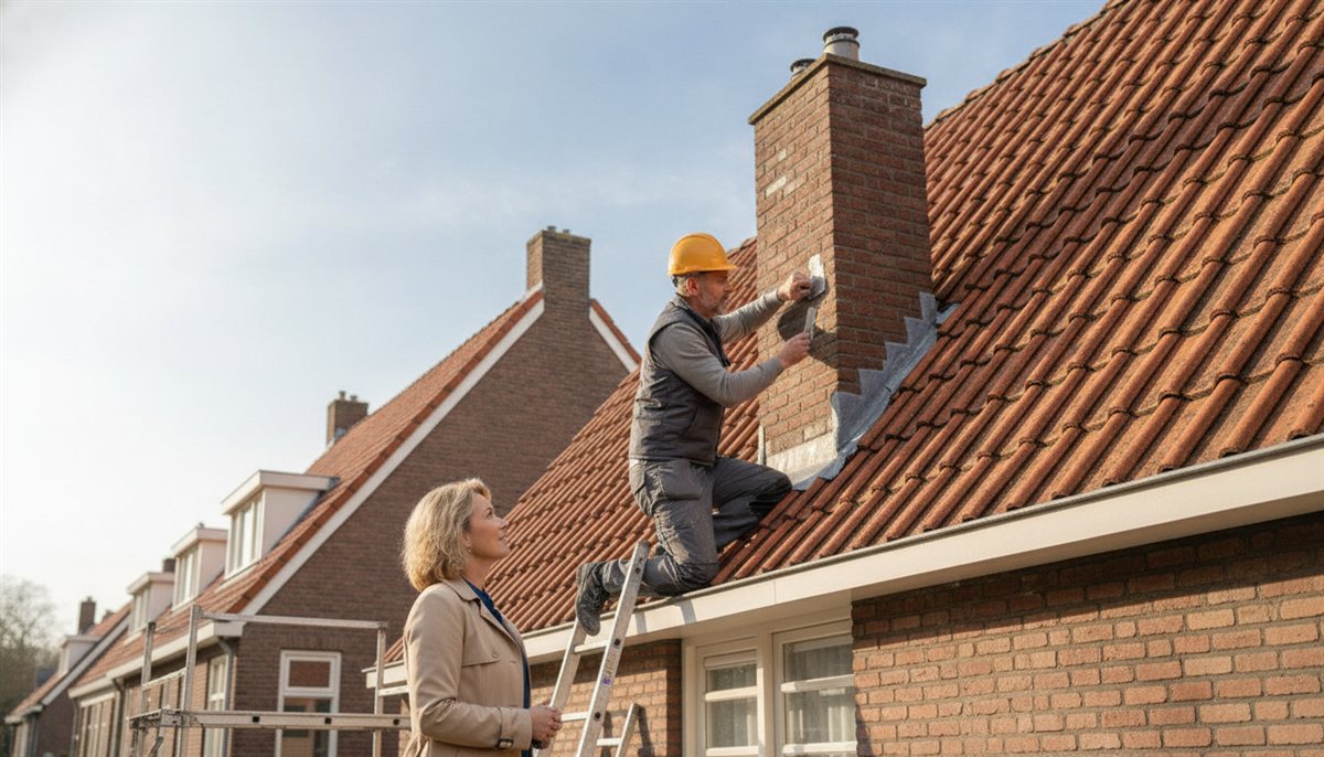 Schoorsteenspecialist inspecteert en renoveert het metselwerk van de schoorsteen op het dak terwijl de bewoonster vanaf de grond toekijkt