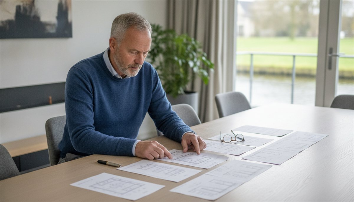 Oudere man legt meerdere schoorsteen-offertes naast elkaar aan de eettafel om ze te vergelijken
