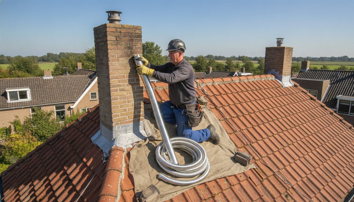 Schoorsteenspecialist brengt een RVS-voering of flexbuis aan in de schoorsteen op het dak
