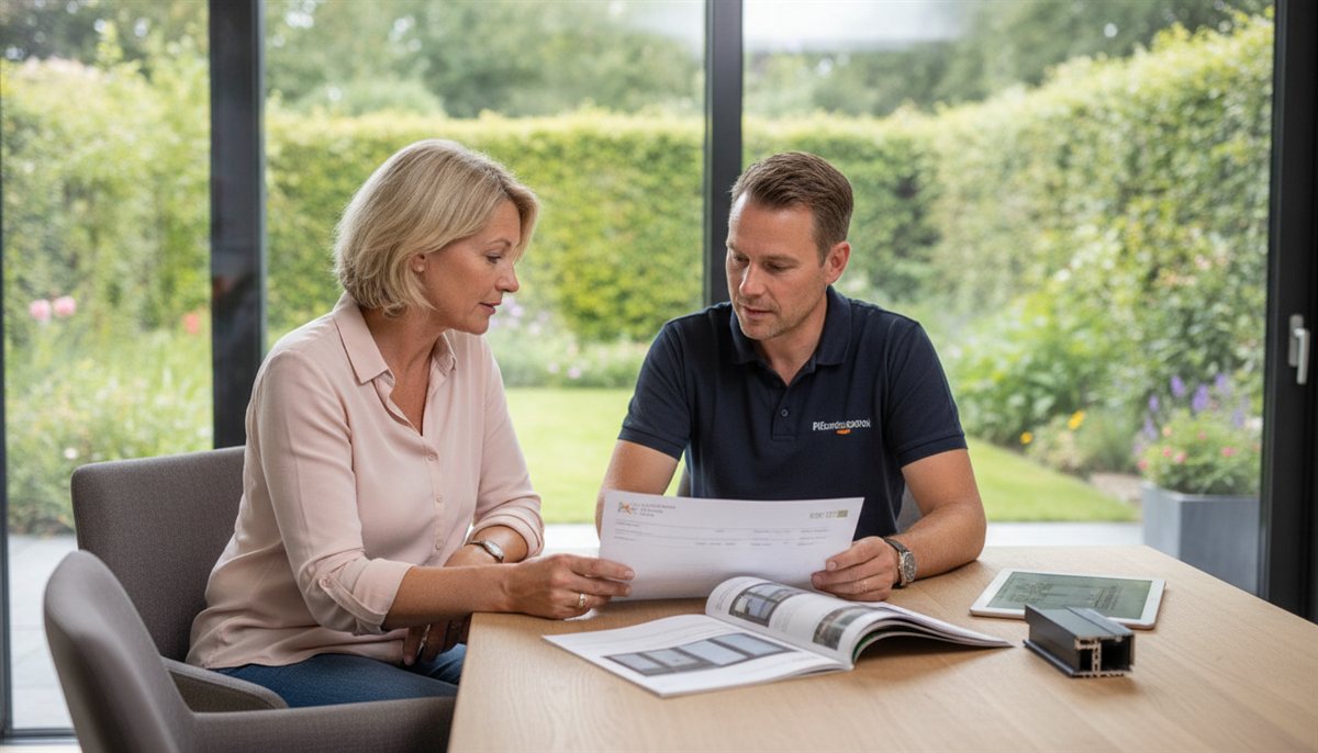 Huiseigenaren bekijken samen met een schuifpui-adviseur de offerte en brochure bij hun bestaande achtergevel