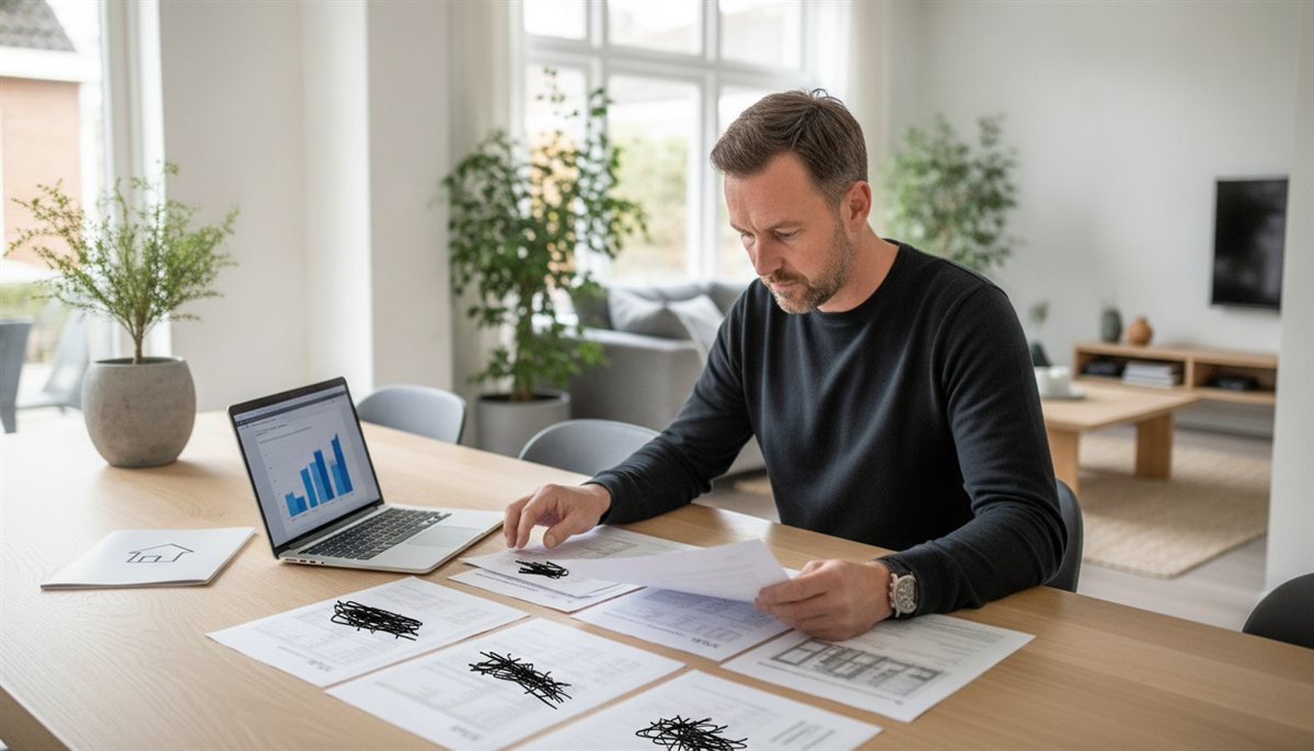 Huiseigenaar legt meerdere schuifpui-offertes naast elkaar aan tafel om ze te vergelijken