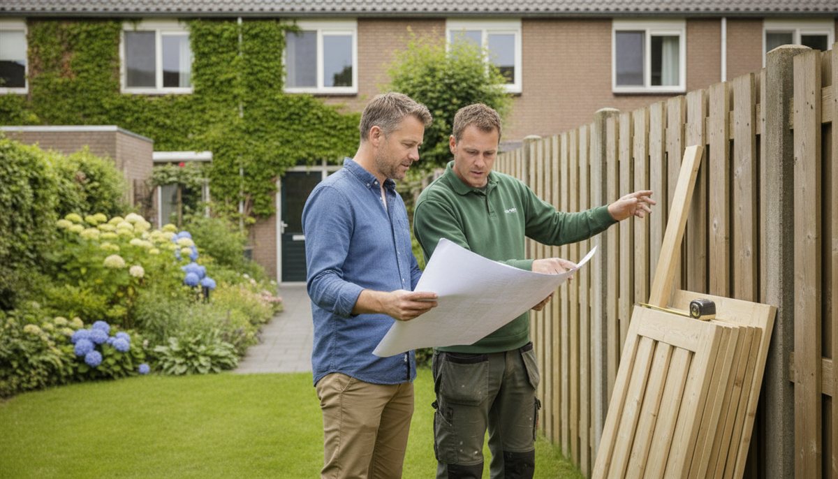 Huiseigenaar en schutting-monteur bekijken samen de offerte bij de erfgrens in de tuin