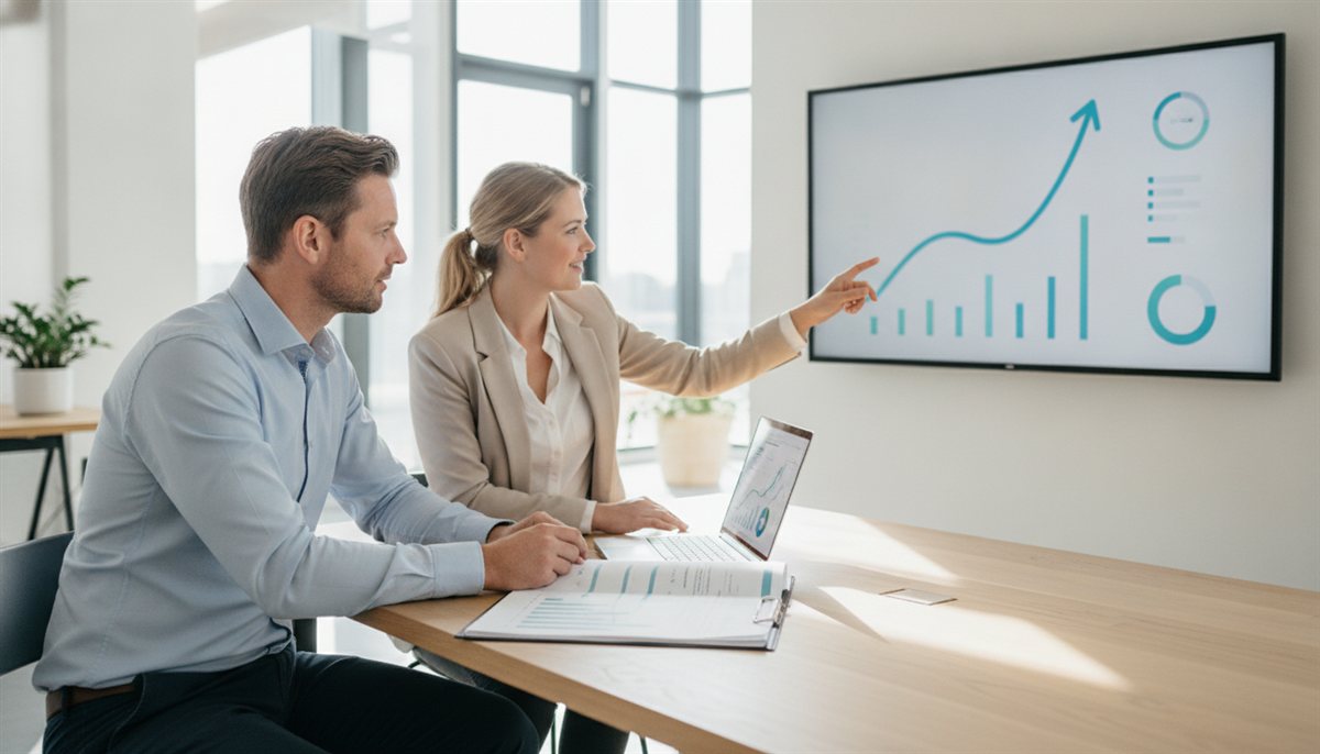 Ondernemer en SEO-specialist nemen samen een SEO-offerte door op een laptop in een modern kantoor