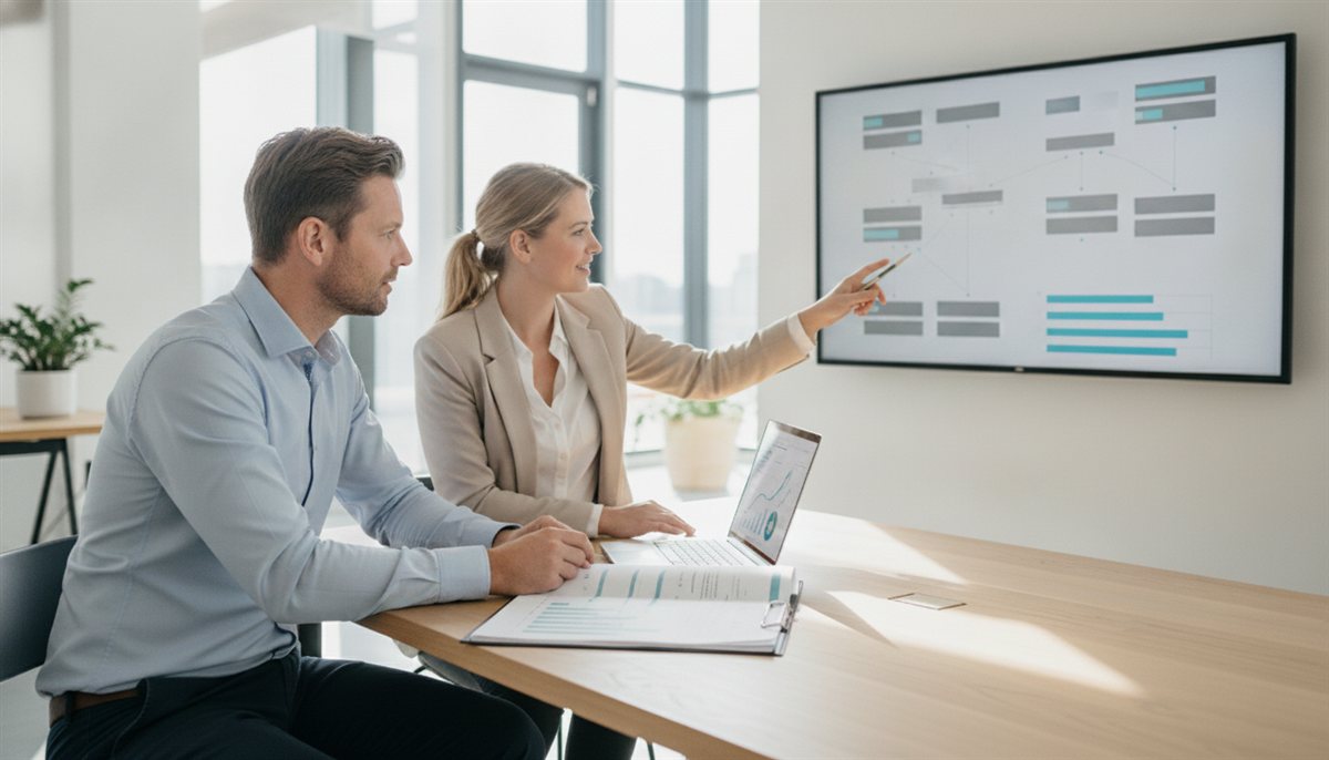 SEO-specialist toont een analytics-dashboard met zoekverkeer en keyword-grafieken op een groot scherm terwijl de ondernemer meekijkt
