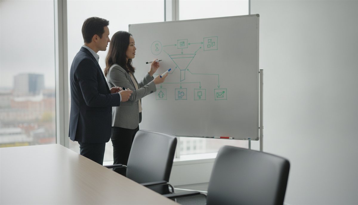 Twee collega's bespreken een SEO-strategie bij een whiteboard met een funnel-schema en pijlen