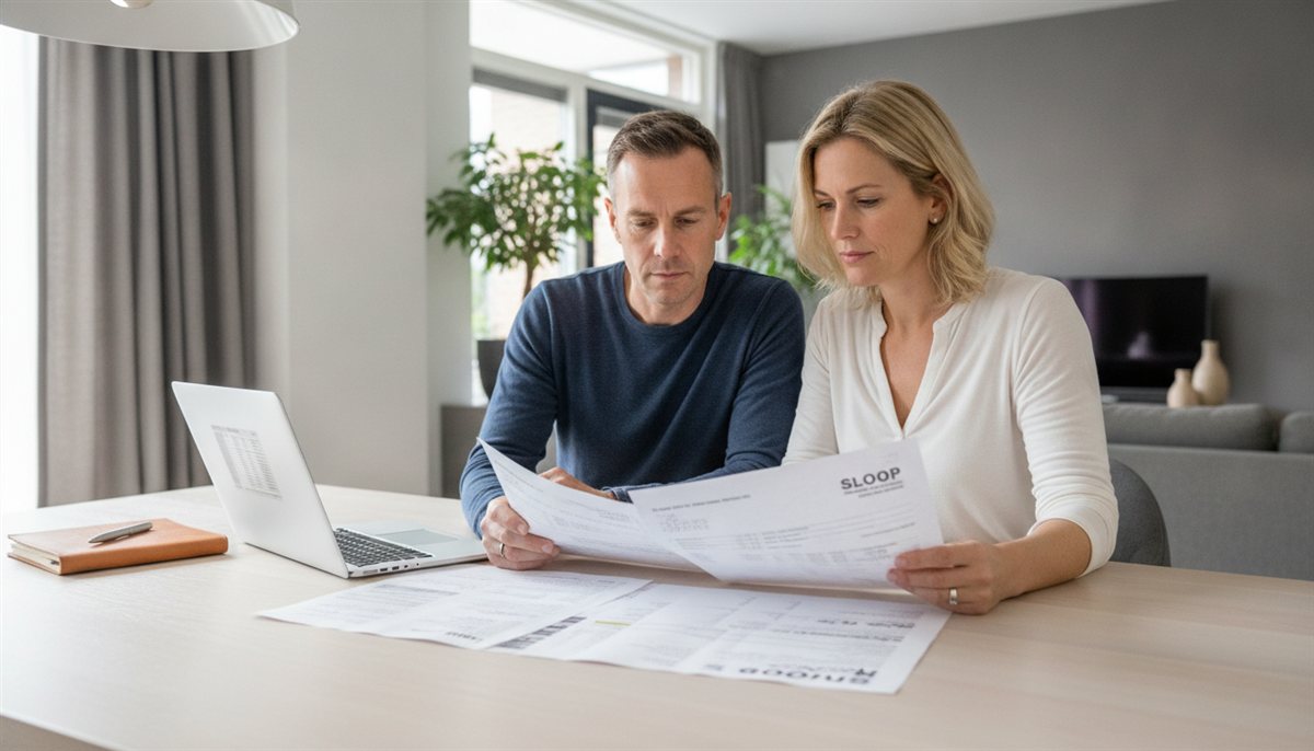 Stel vergelijkt meerdere sloop-offertes naast elkaar aan de eettafel met een laptop en notitieblok