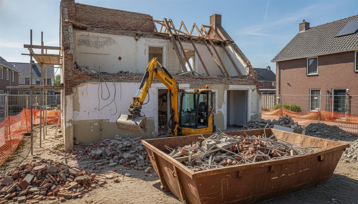 Bouwplaats met grote sloopcontainer vol puin en een gele minigraver bij gedeeltelijke sloop van een woning