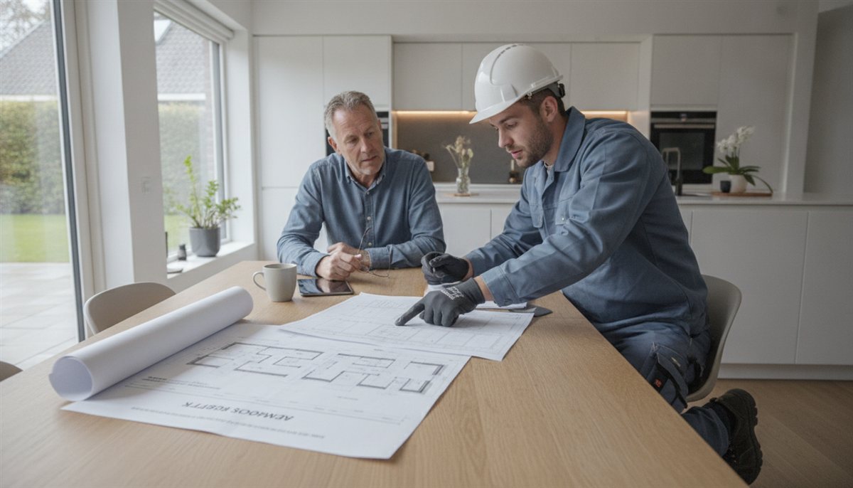 Huiseigenaar en sloopaannemer bekijken samen de sloopwerk-offerte aan de keukentafel met een plattegrond
